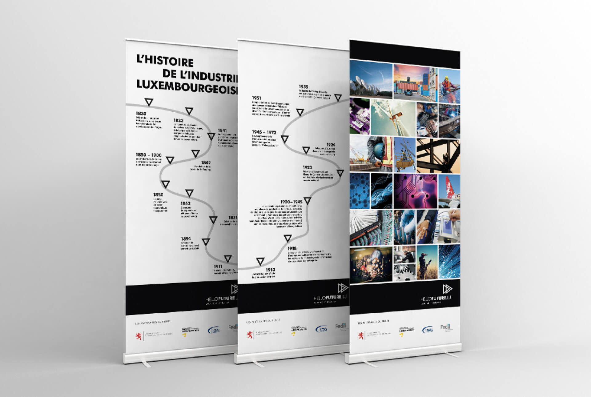 Roll-ups montrant l'histoire de l'industrie au Luxembourg