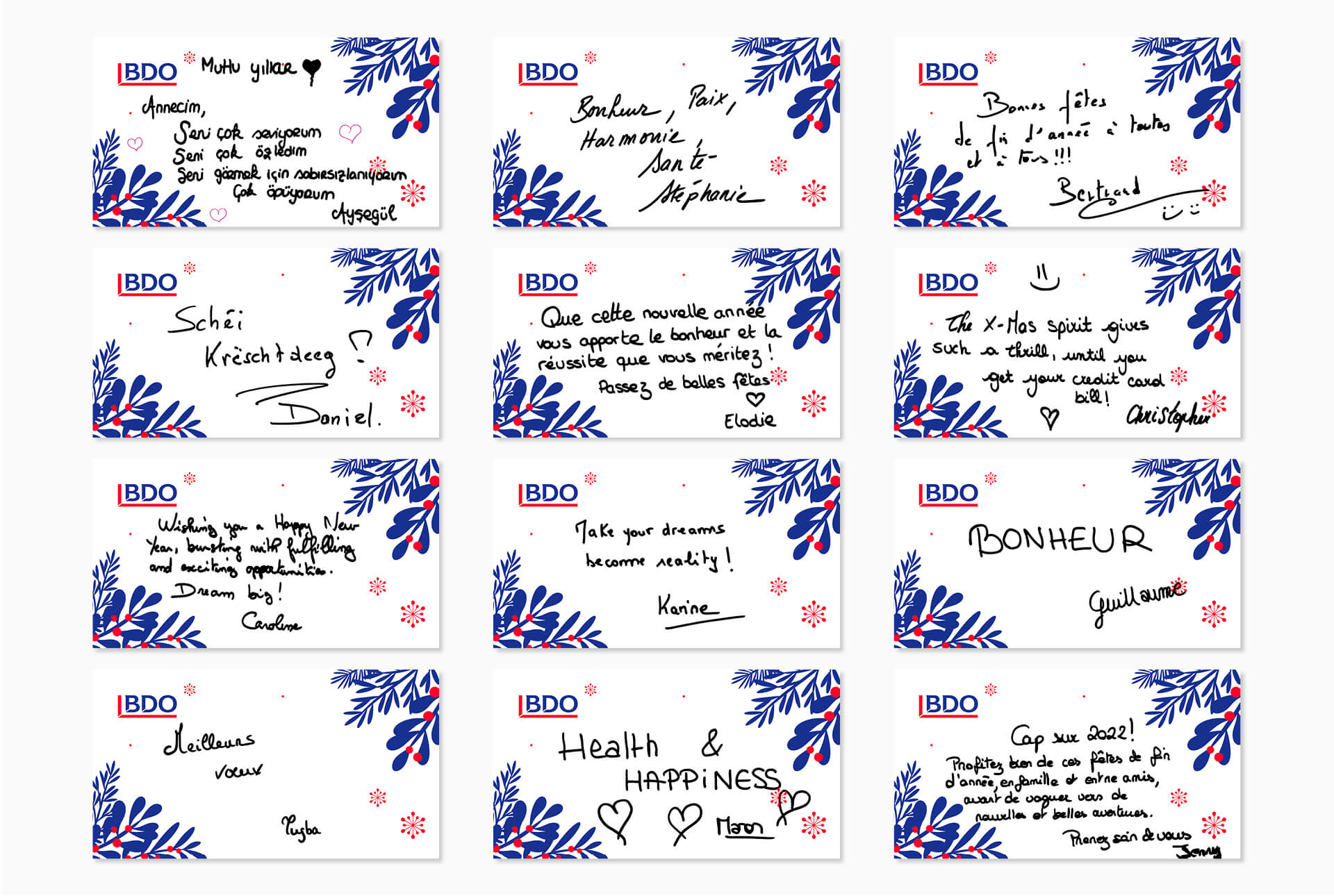 Cartes de vœux écrites par les collaborateurs de BDO pour leurs clients