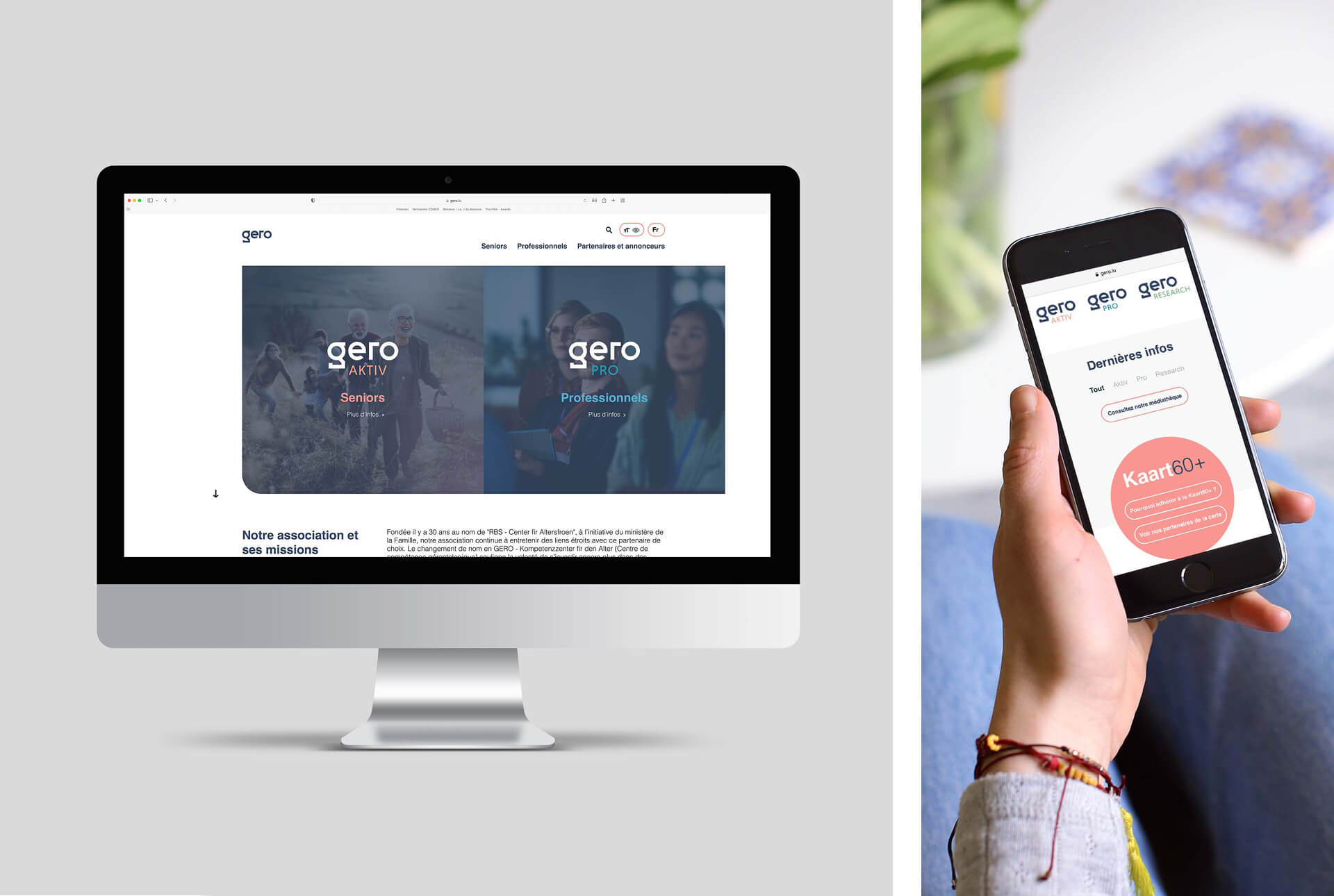 Site internet Gero dédié aux personnes âgées titulaires de la Kaart60+, les commerçants partenaires mais aussi les professionnels (personnes intéressées par une formation, chercheurs, etc.). Affichage sur PC et smartphone.