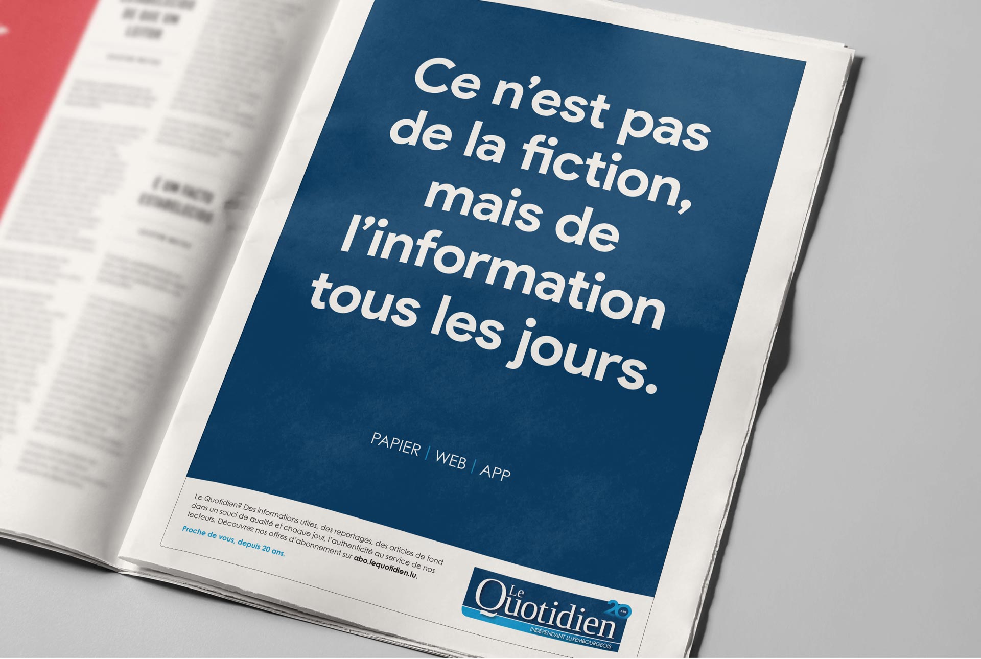 Affichage pleine page dans le journal pour la campagne anniversaire du Quotidien