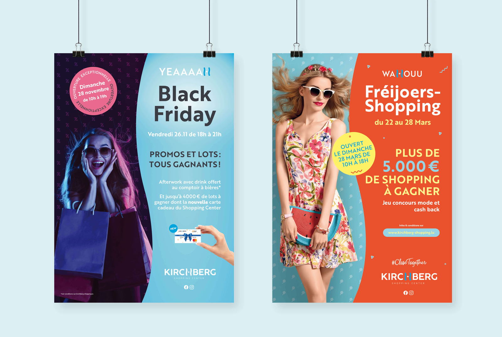 Deux visuels pour les opérations commerciales du Black Friday et du FréijoersShopping (shopping de printemps) pour le Kirchberg Shopping Center