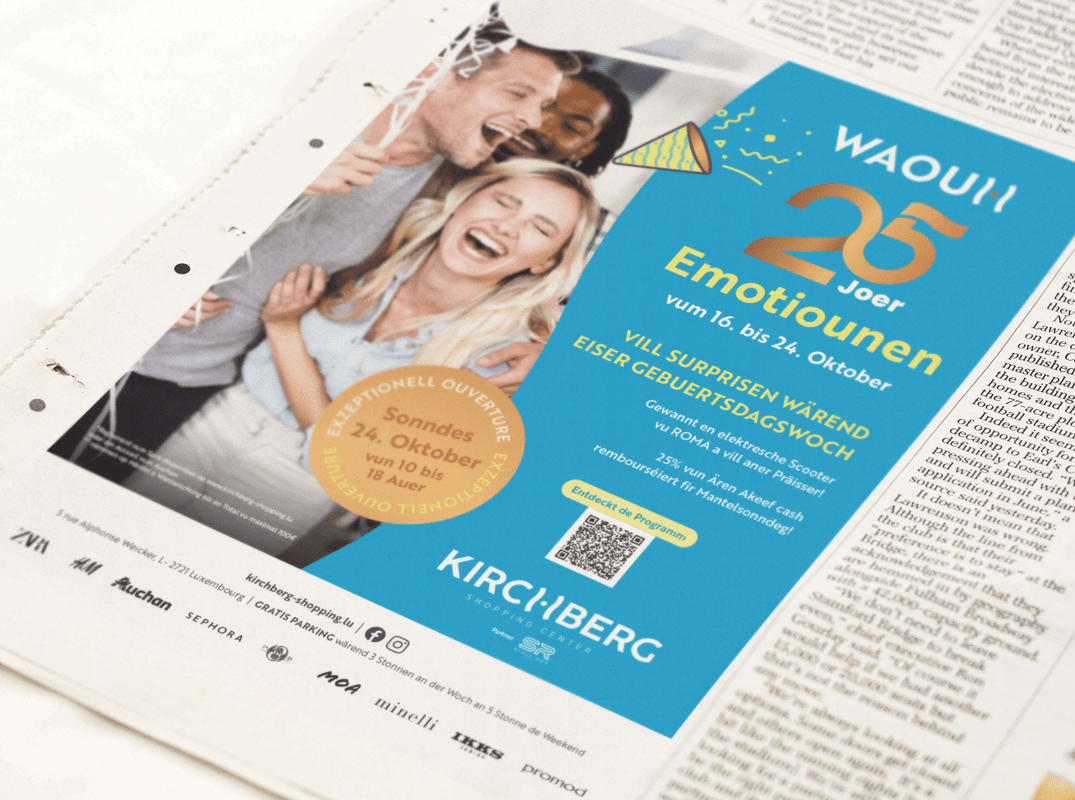 Publicité dans un journal imprimé pour les 25 ans du Kirchberg Shopping Center