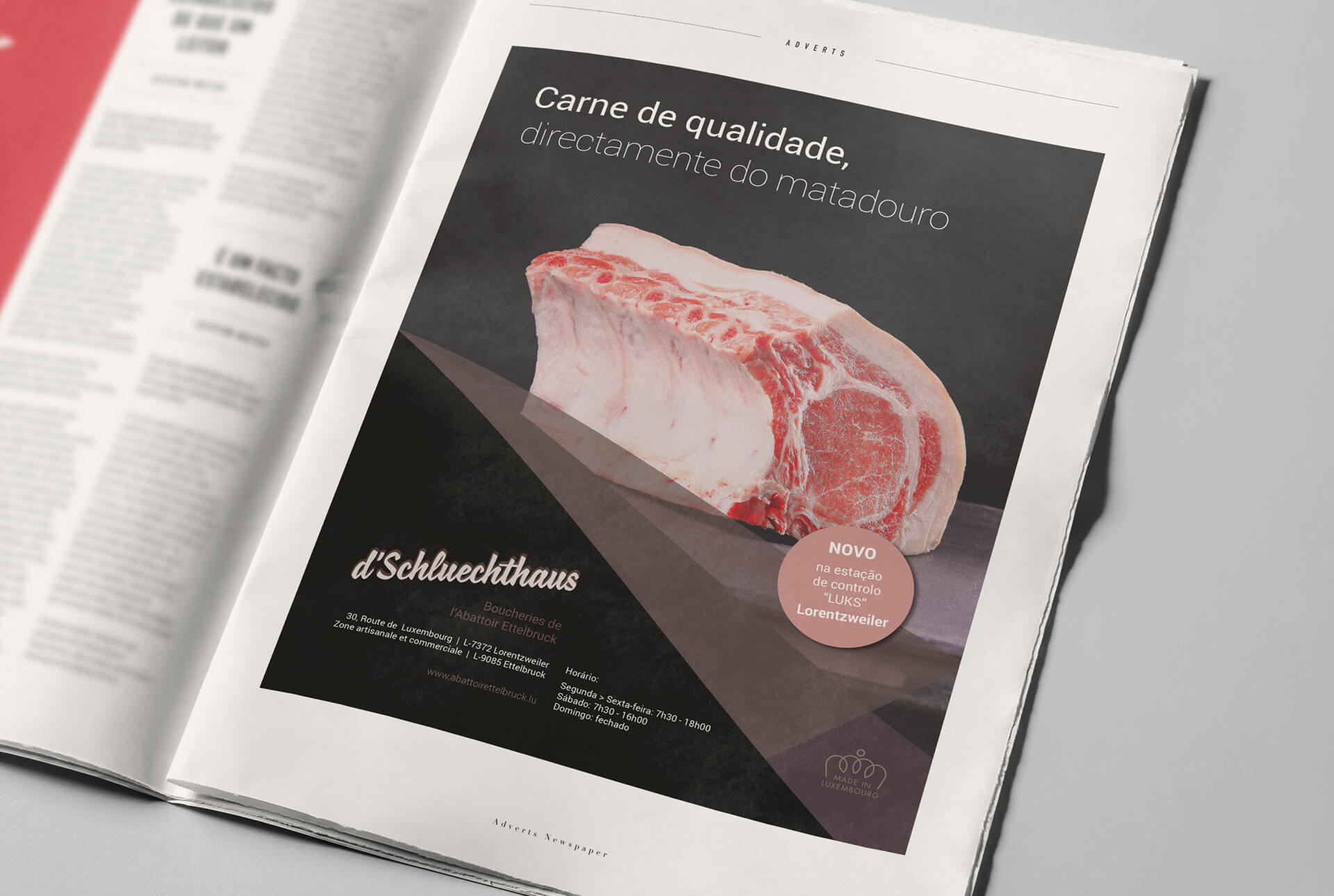 Publicité pour d’Schluechthaus (boucheries) à destination de la population portugaise