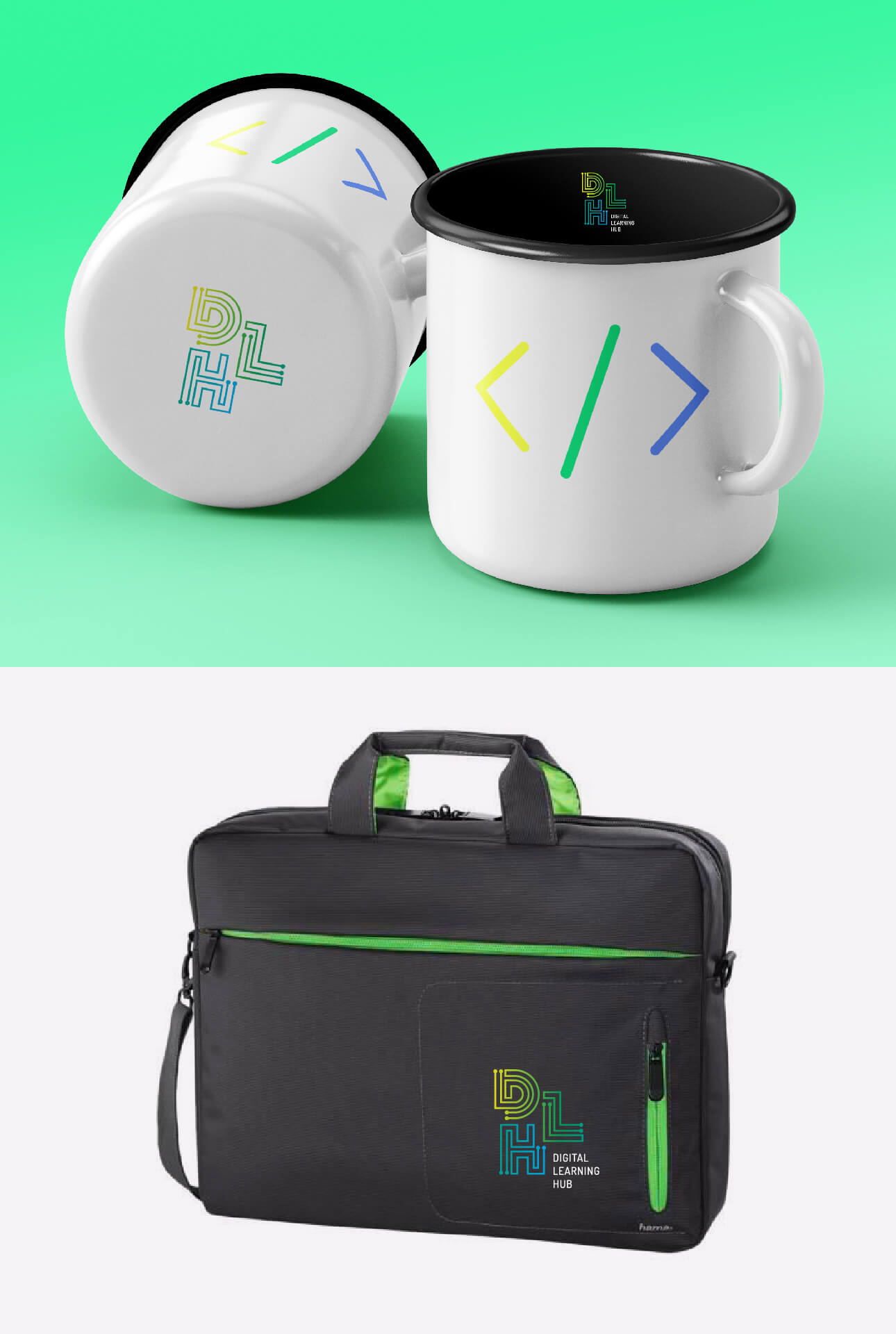 Goodies du Digital Learning Hub (DLH) : tasses et sacoches pour ordinateur portable