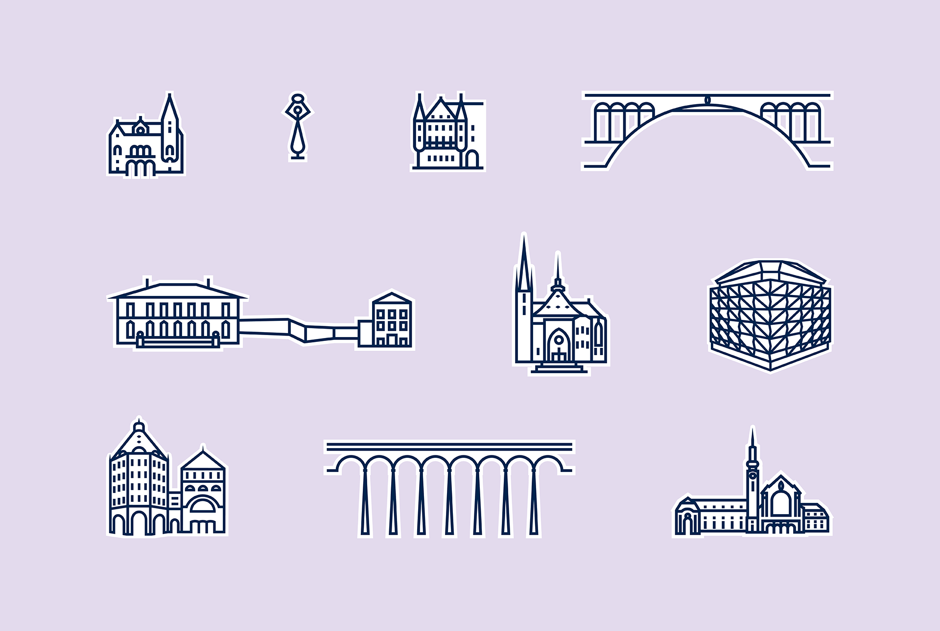 Illustrations de bâtiments et monuments majeurs qui agrémentent la nouvelle City Shopping Map de l’UCVL (Union Commerciale de la Ville de Luxembourg)