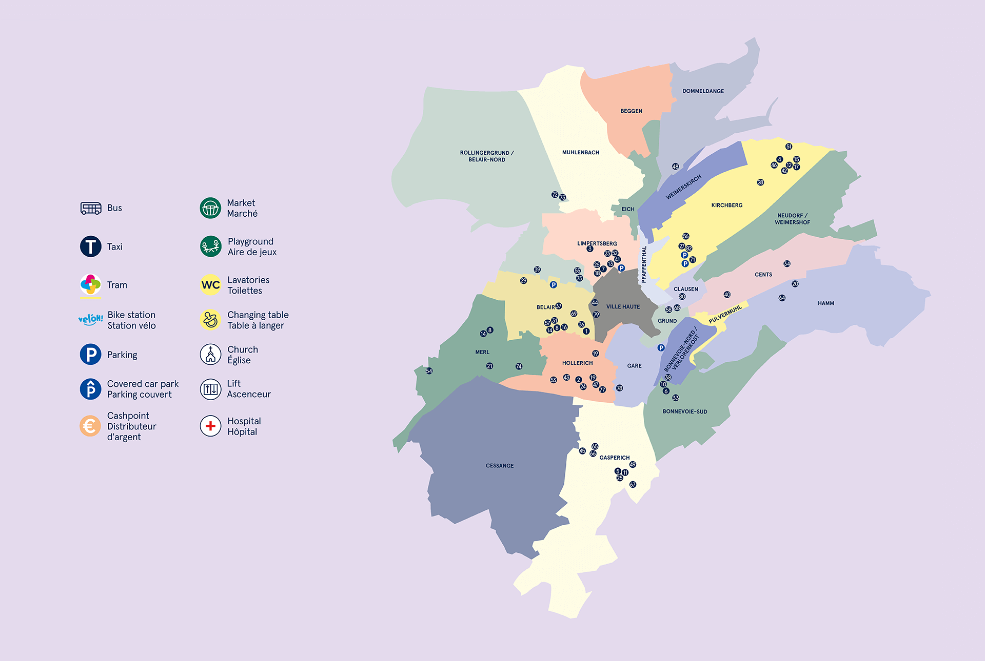 Carte des différents quartiers de Luxembourg-Ville. Cette carte montre les différentes commodités : transports, distributeurs, toilettes publics, etc.