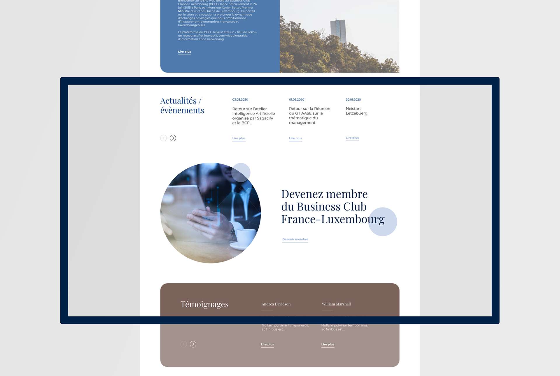 Site internet des Business Club de la Chambre de Commerce de Luxembourg. Utilisation de la nouvelle charte graphique