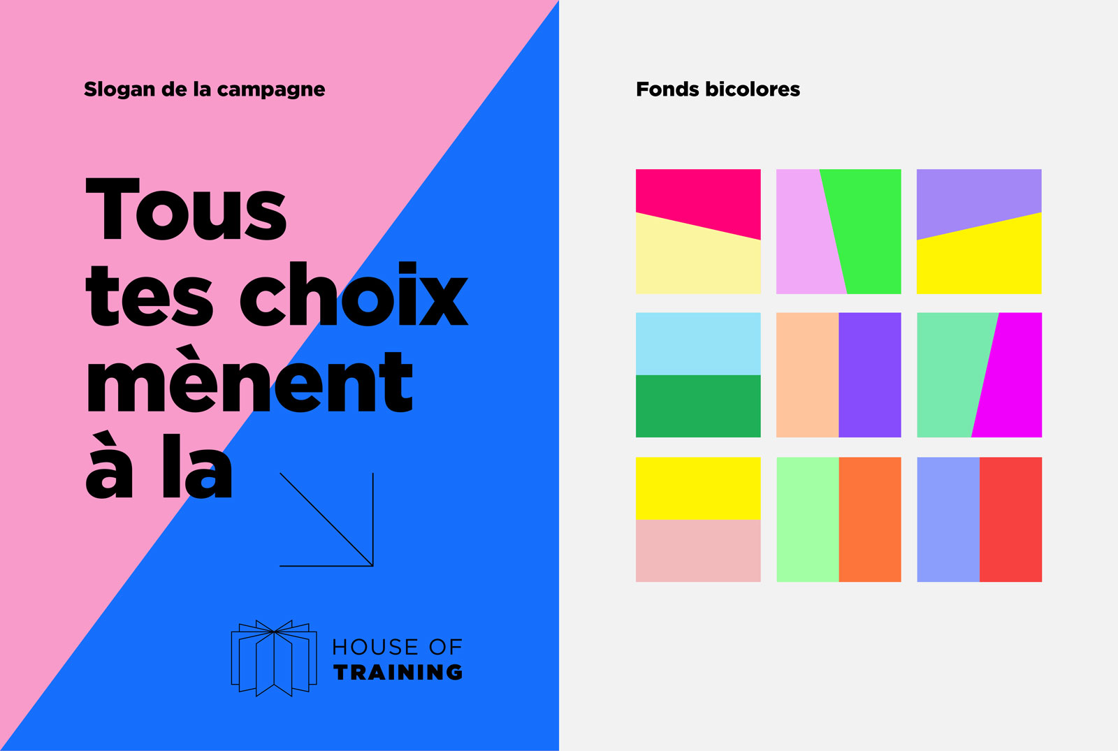 Eléments textuels (slogan) et graphiques (fonds bicolores) de la campagne de communication de la House of Training