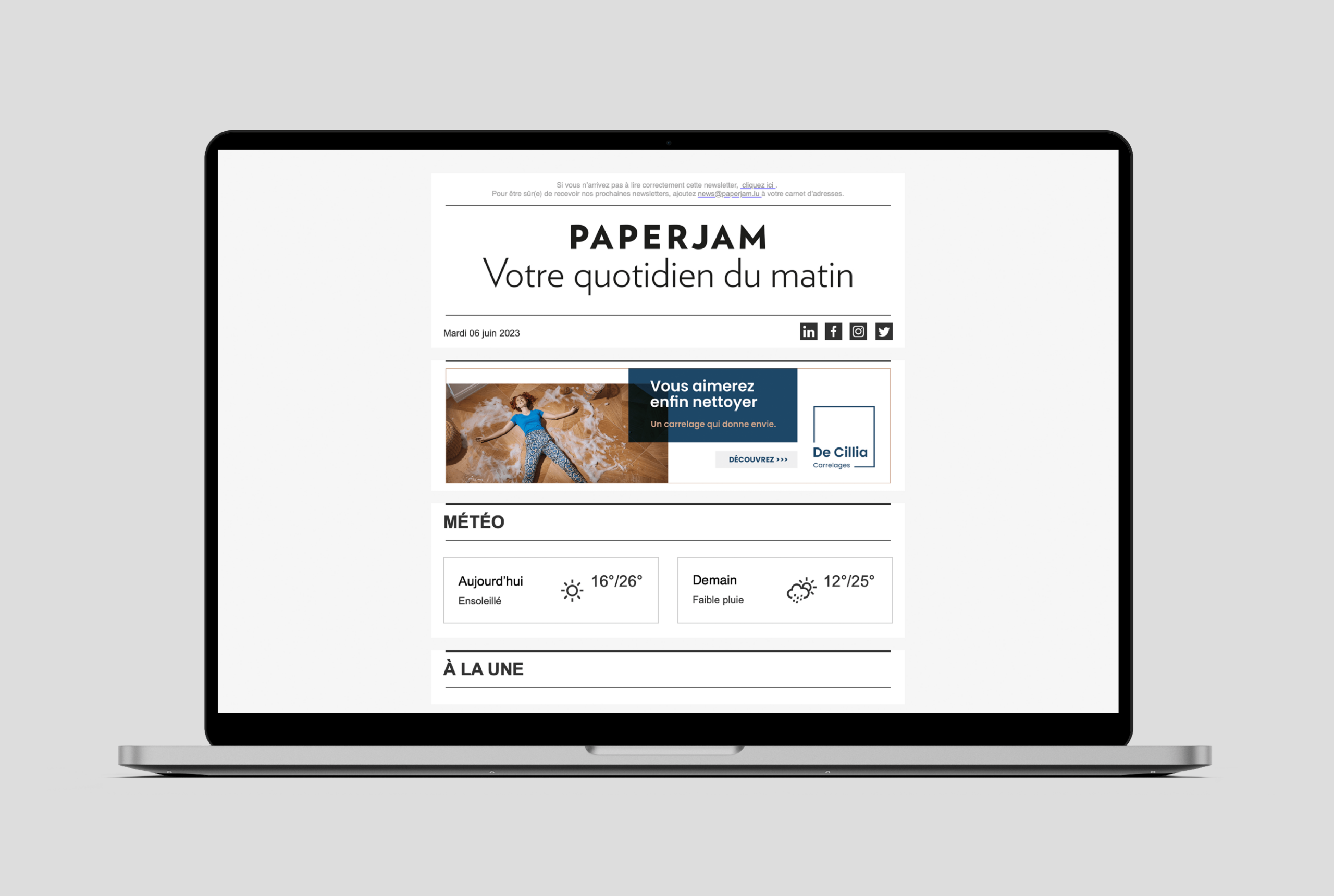 De Cillia Carrelages, affichage d'une bannière publicitaire sur le site Paperjam.